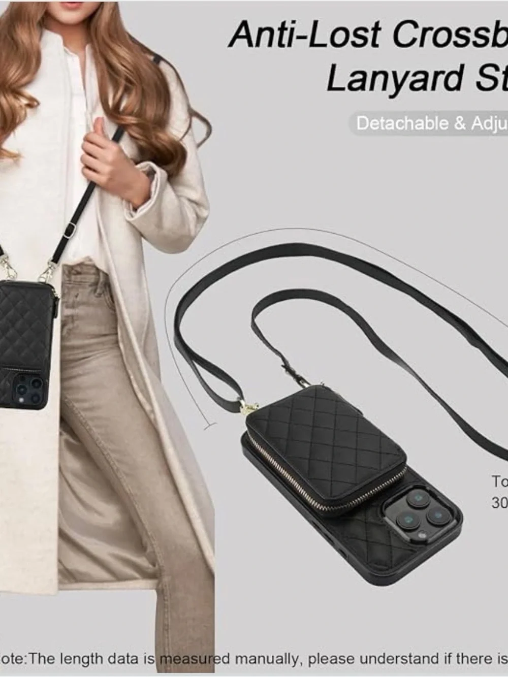 Black Quilted Crossbody Phone Case with Zipper Pocket - Brand